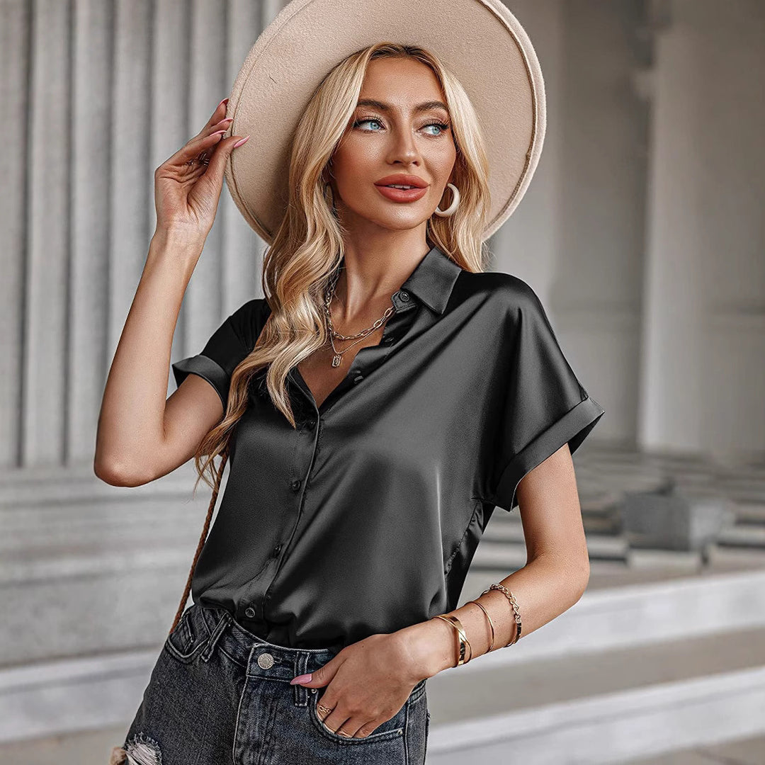 Damen Satin-Bluse mit überschnittenen Schultern Drune