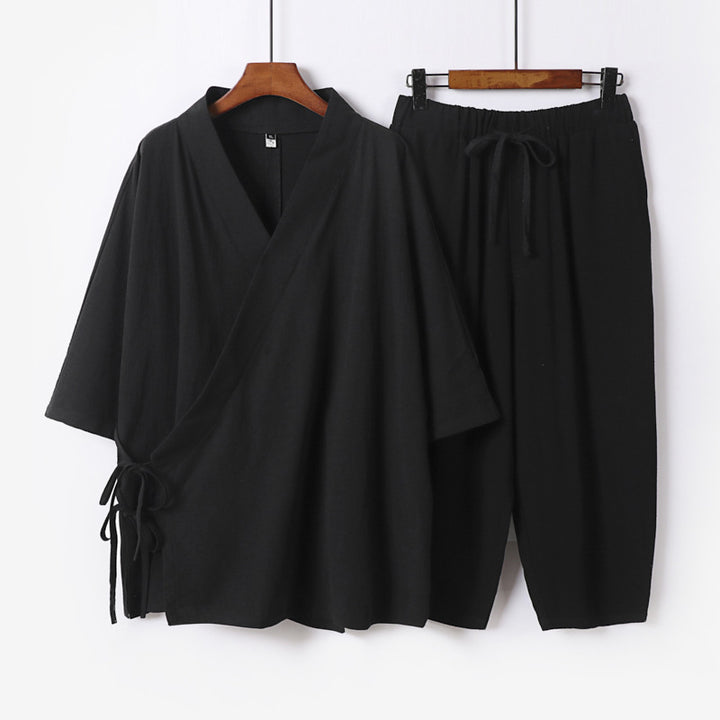 Herren Kimono-Loungewear-Set mit Wickeloberteil, Kordelbundhose und lockerer Passform Drune