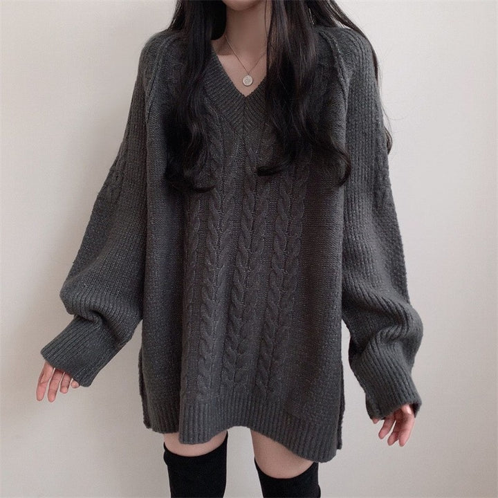 Damen Großer Strickpullover mit V-Ausschnitt und großem Zopfmuster Drune