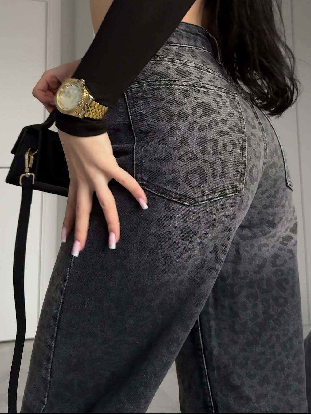 Damen Hochtaillierte Jeans mit Leopardenmuster und weitem Bein Drune
