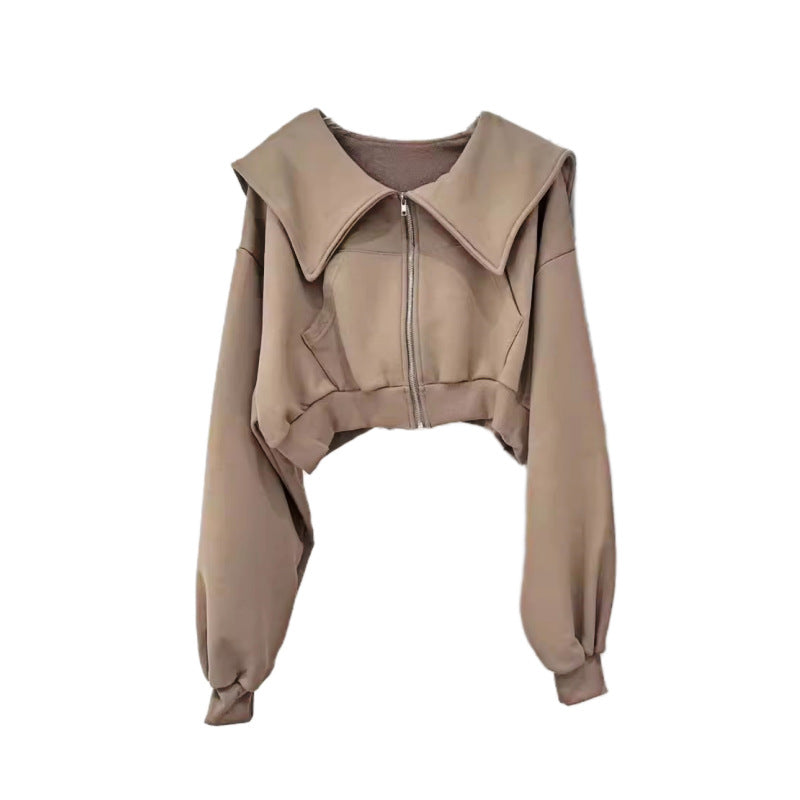 Damen cropped Sweatjacke mit großem Kragen Drune