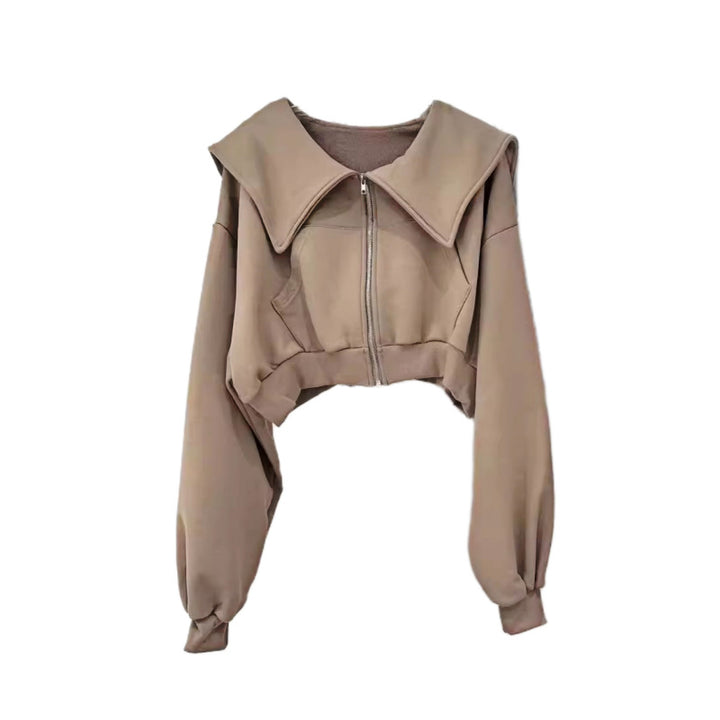 Damen cropped Sweatjacke mit großem Kragen Drune
