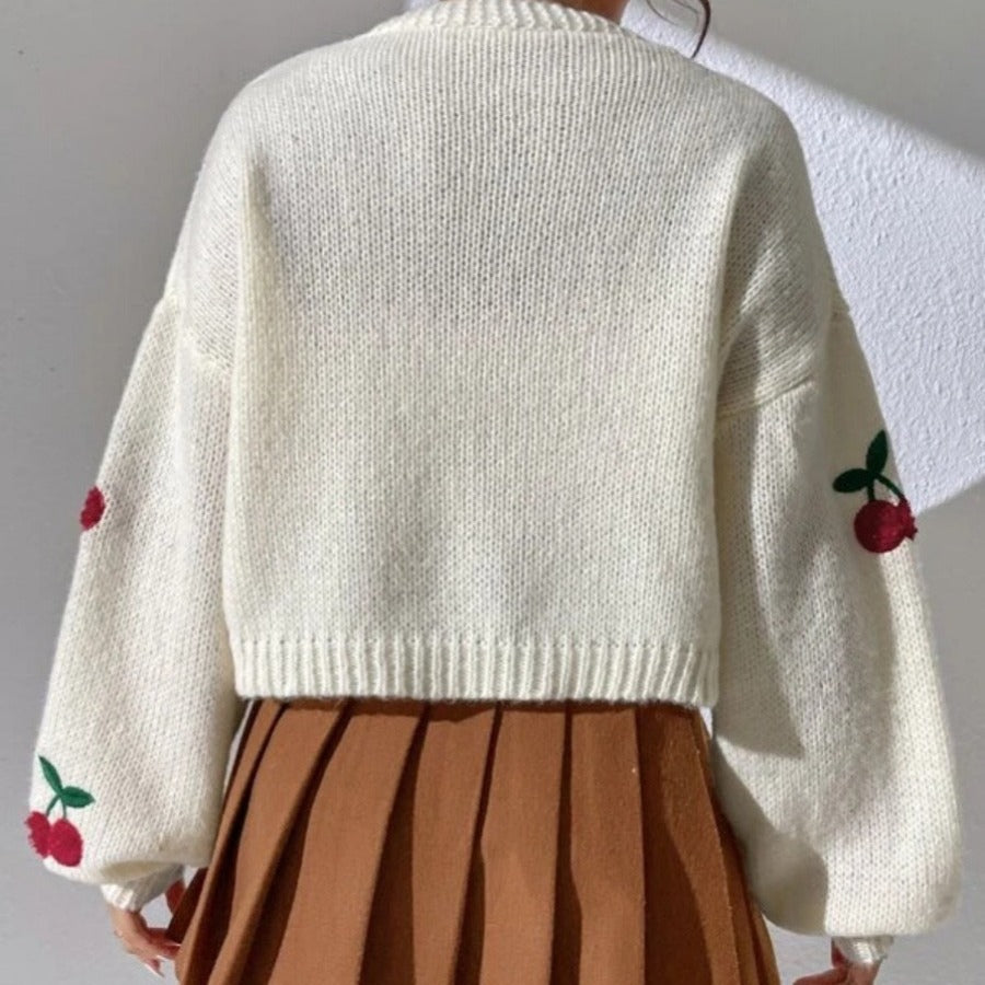Damen kuschelige Strickjacke mit fruchtigem Stickmuster und weitem Schnitt Drune