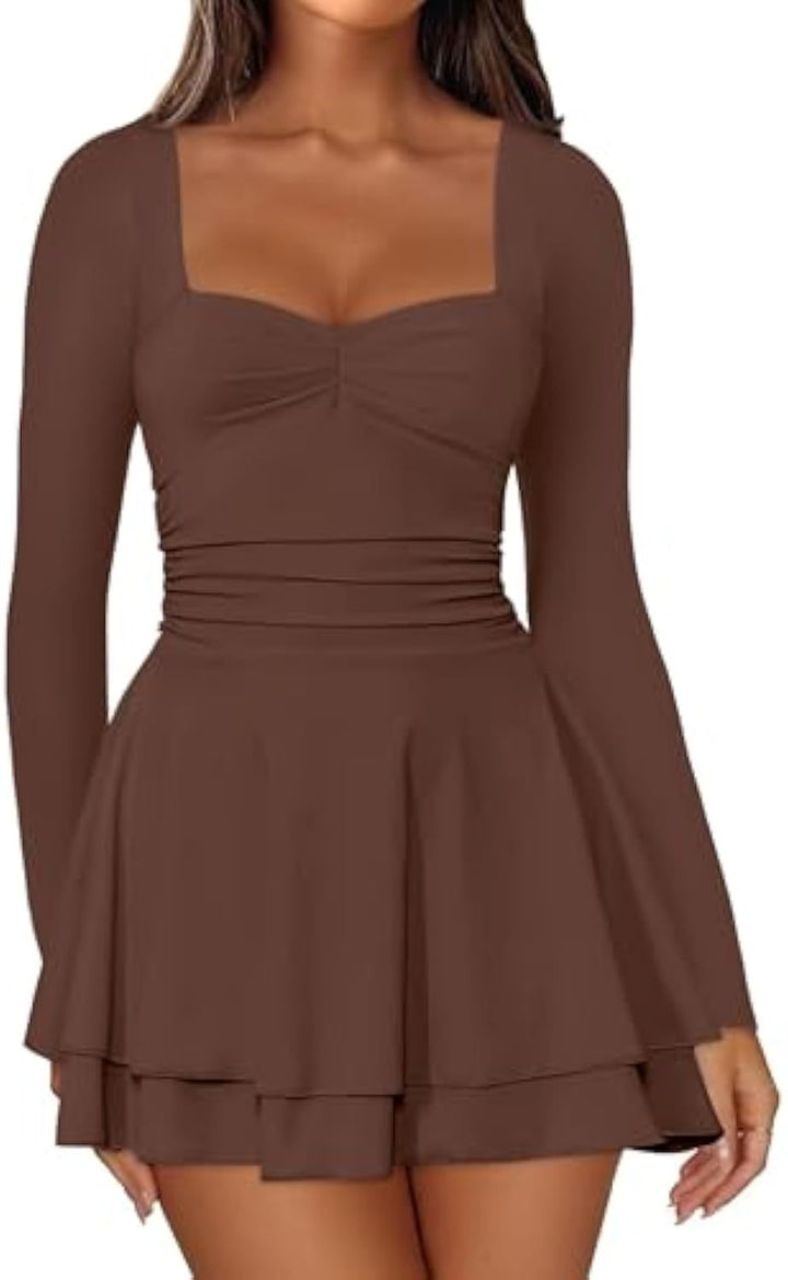 Damen Langarm-Minikleid mit quadratischem Ausschnitt, taillierter Raffung und zweilagigem Volantrock Drune