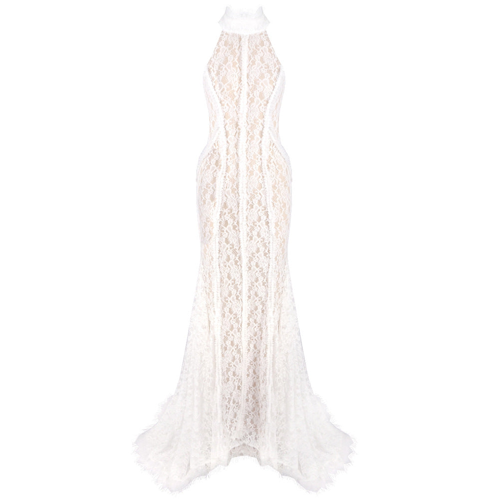 Damen Hochwertiges Spitzenabendkleid mit elegantem Kragen und transparenten Details Drune