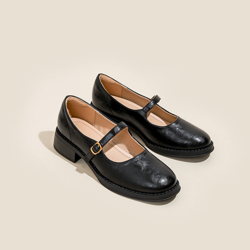 Damen Klassische Leder Mary Jane Ballerinas mit Verstellbarem Schnalle Drune