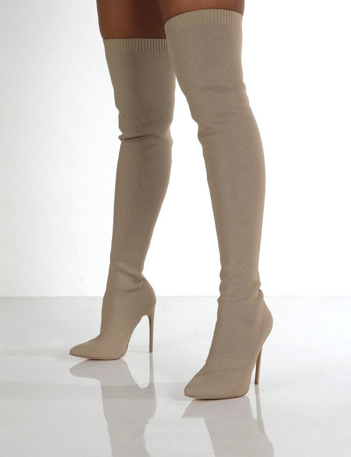 Damen Overknee Stiefel mit elegantem spitzem Absatz und modischem Strickdesign Drune