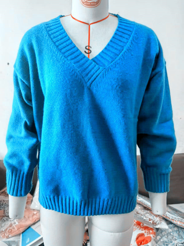 Damen nan Oversized V-Ausschnitt Strickpullover mit gerippten Bündchen Drune