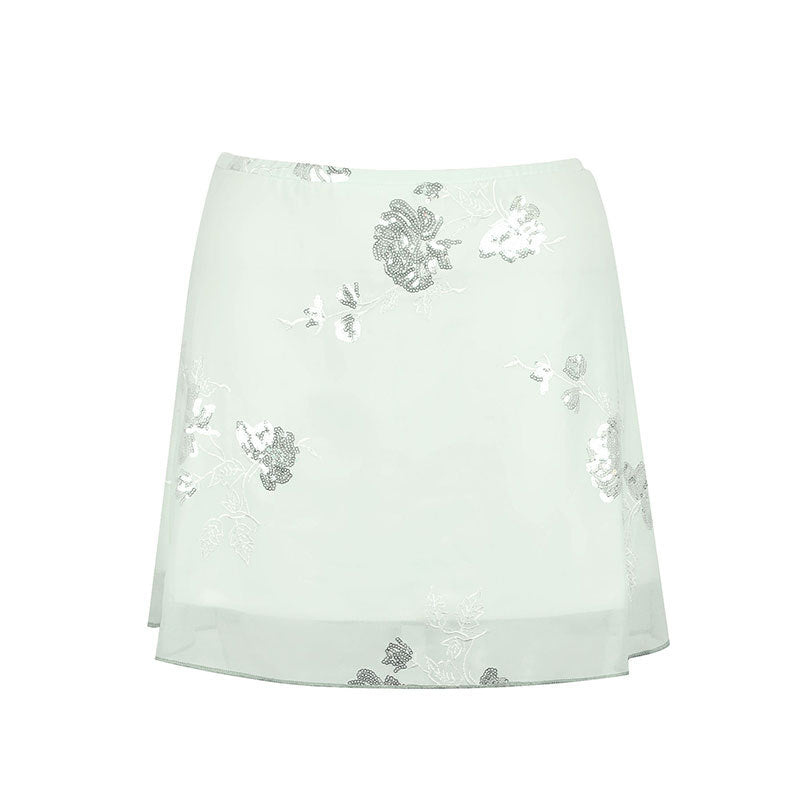 Damen transparenter Rock mit floralem Design und glitzernden Akzenten Drune