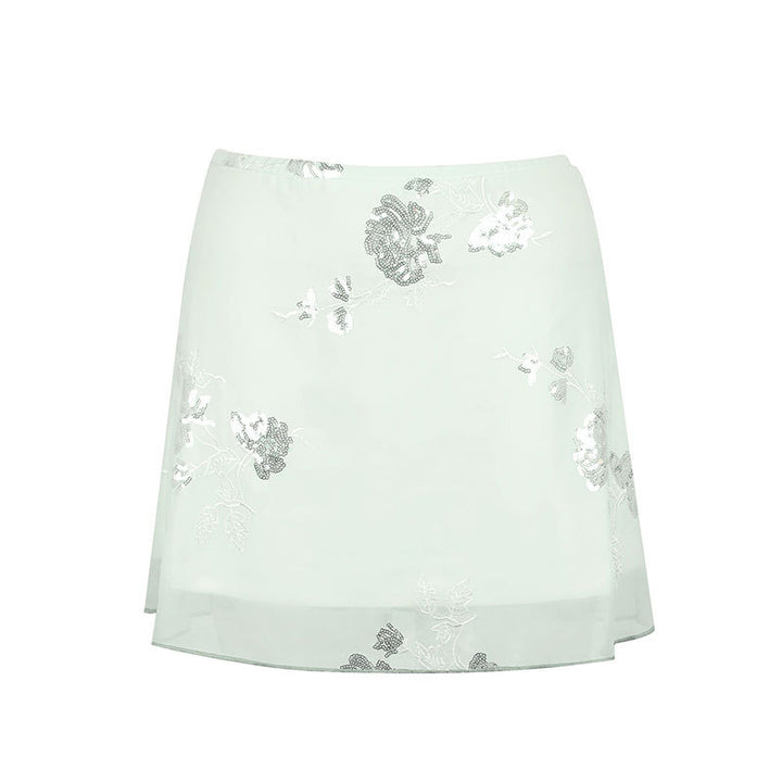 Damen transparenter Rock mit floralem Design und glitzernden Akzenten Drune