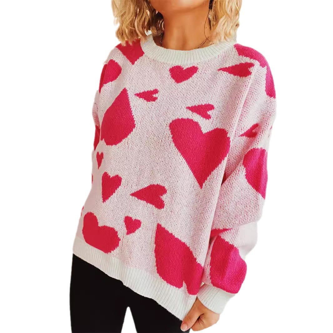 Damen lockerer Pullover mit Herzmuster und weitem Schnitt Drune