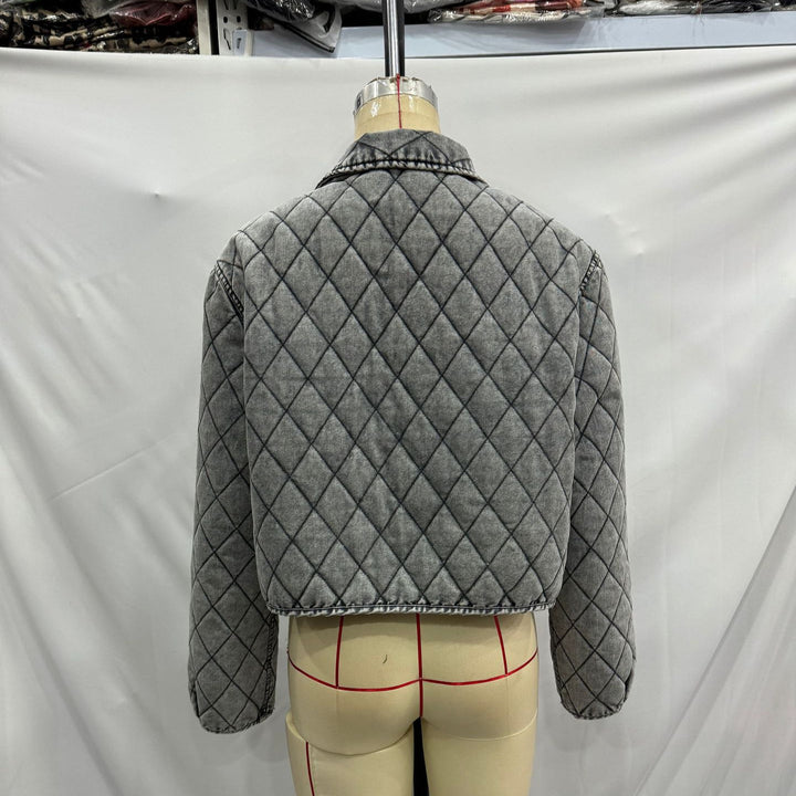 Damen nan kastige gesteppte Denim‑Optik Kurzjacke mit Rautenmuster und Bindebändern Drune