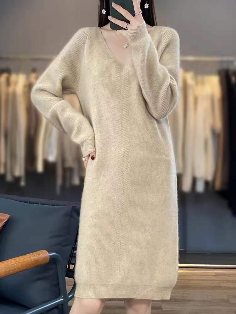 Damen gemütliches Strickkleid mit V-Ausschnitt und lässigem Schnitt Drune