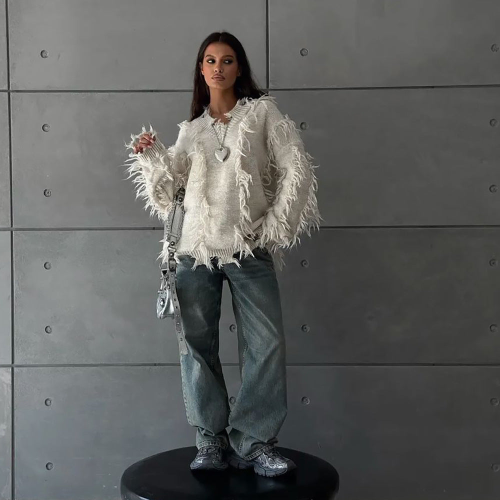 Damen Strickpullover mit lässigem Fransen-Design Drune