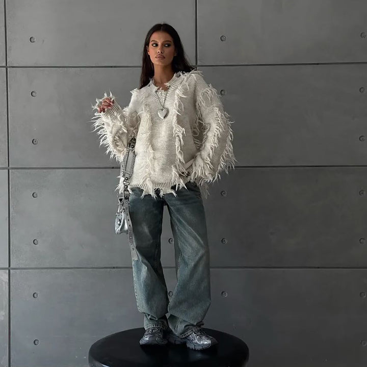 Damen Strickpullover mit lässigem Fransen-Design Drune