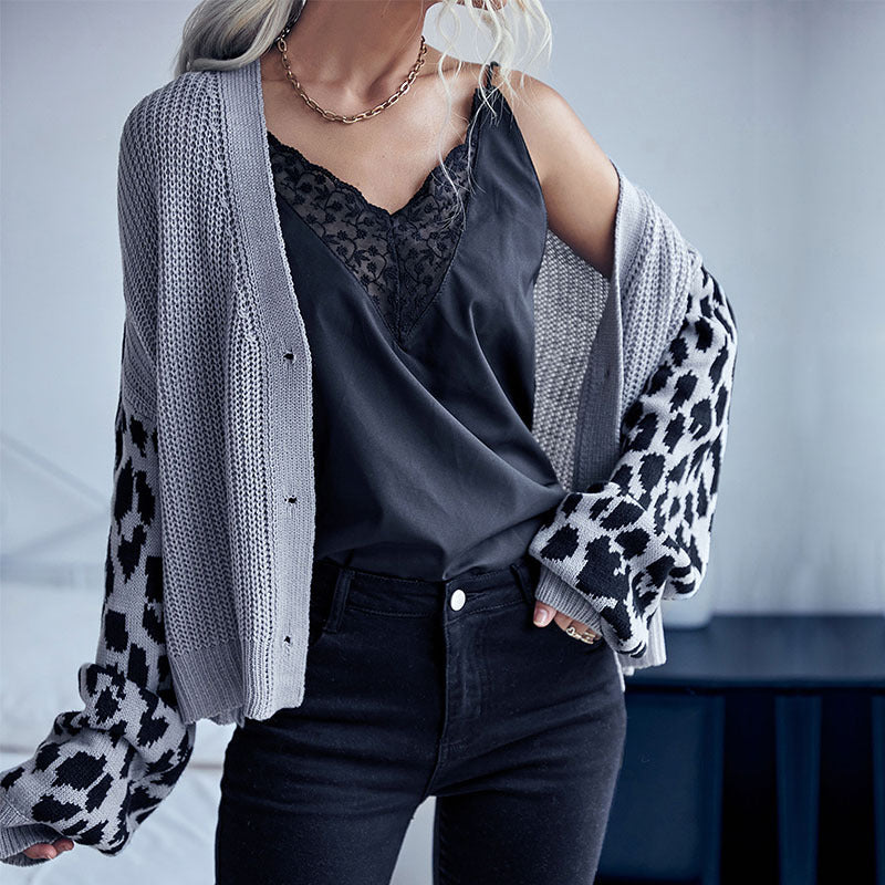 Damen Stilvolle Strickjacke mit Leopardenärmel Drune