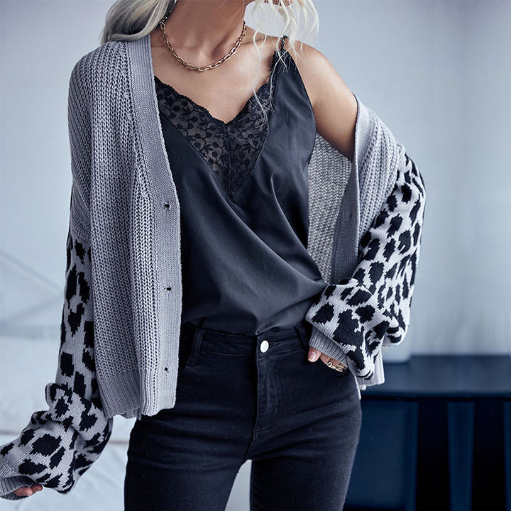 Damen Stilvolle Strickjacke mit Leopardenärmel Drune