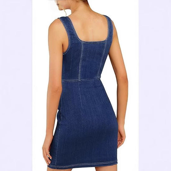 Damen Enganliegendes Jeanskleid mit durchgehender Knopfleiste und quadratischem Ausschnitt Drune