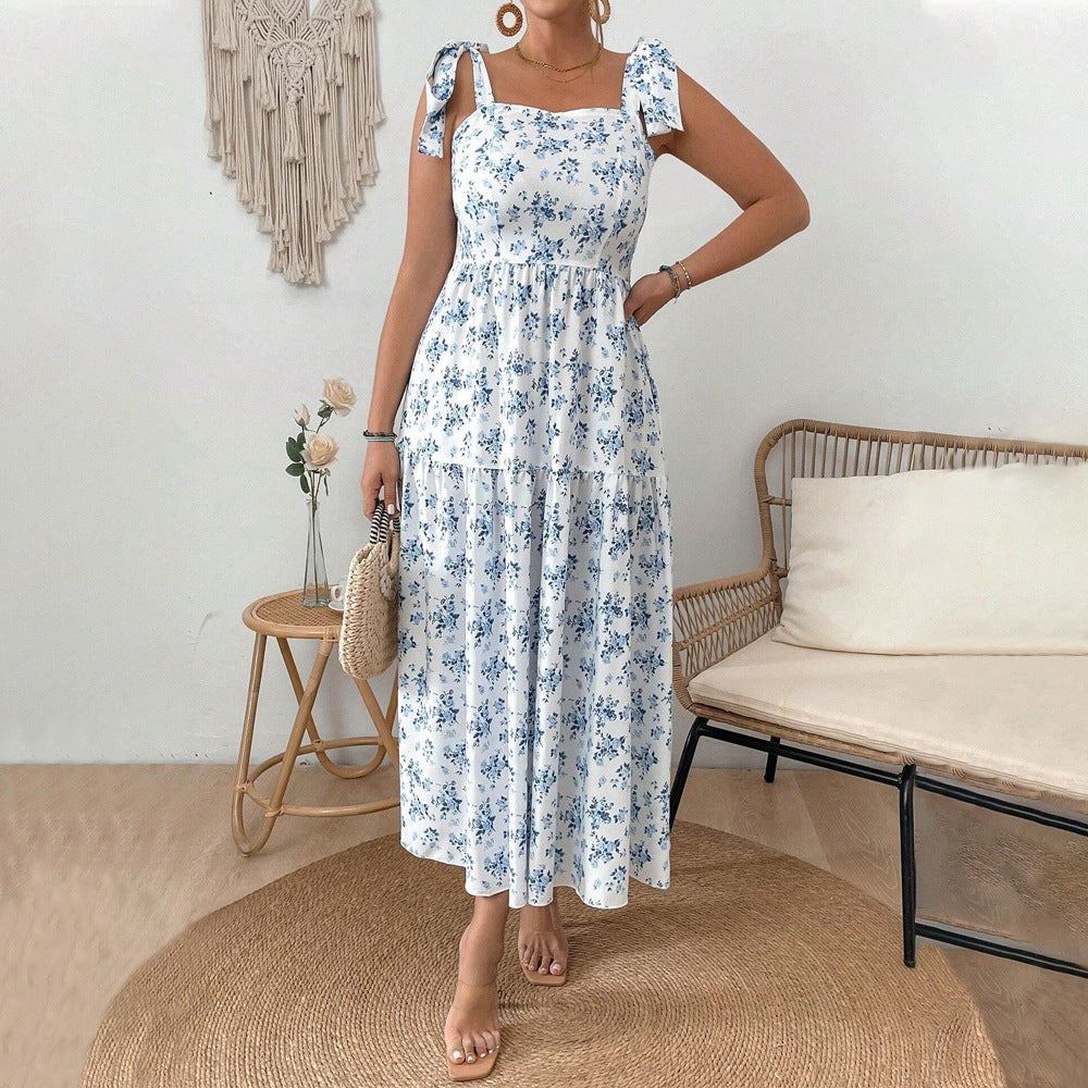 Damen Maxikleid mit floralen Mustern und schmückenden Trägern Drune