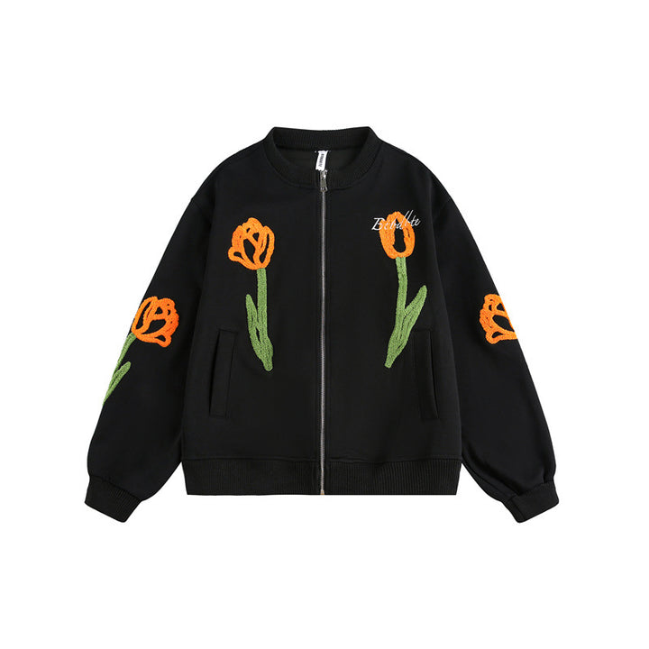Damen Bestickte Bomberjacke mit Tulpen‑Stickereien und Rippbündchen Drune