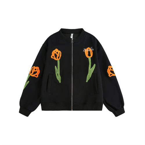 Damen Bestickte Bomberjacke mit Tulpen‑Stickereien und Rippbündchen Drune
