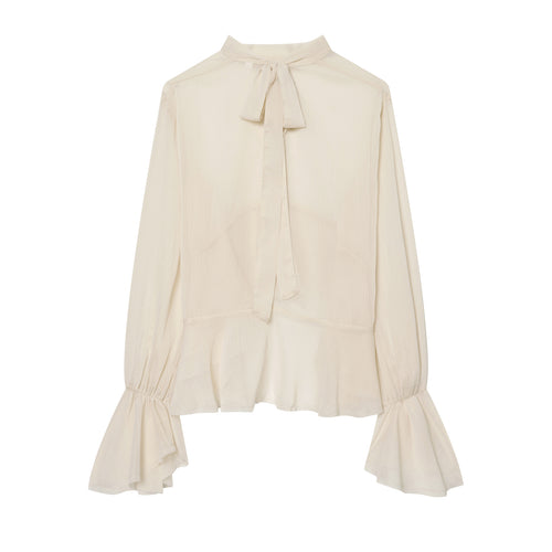 Damen nan transparente Chiffonbluse mit Schleifenkragen, Volantärmeln und Schößchen Drune
