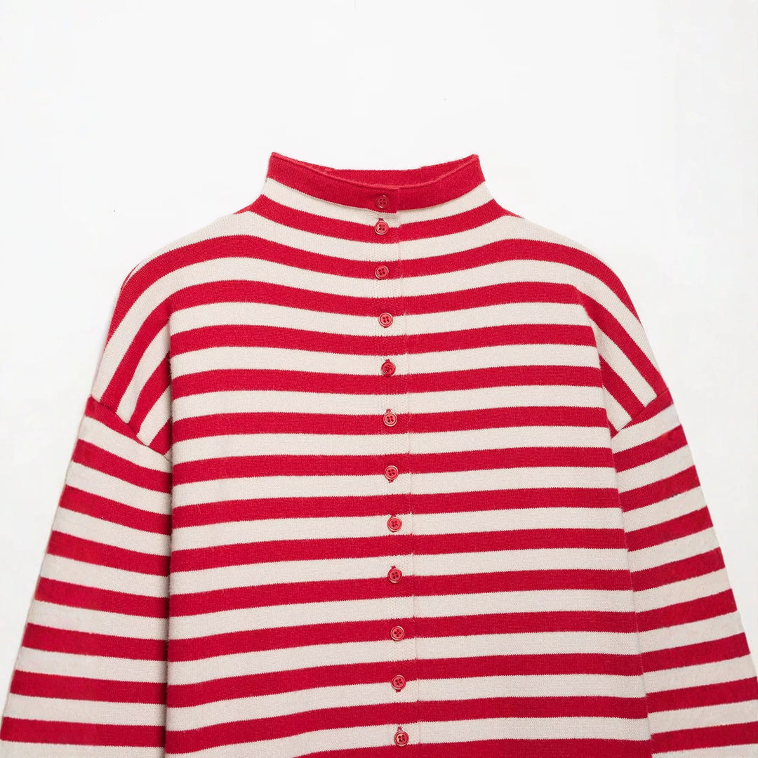 Damen Gestreifter Cropped Strick-Cardigan mit Stehkragen Drune