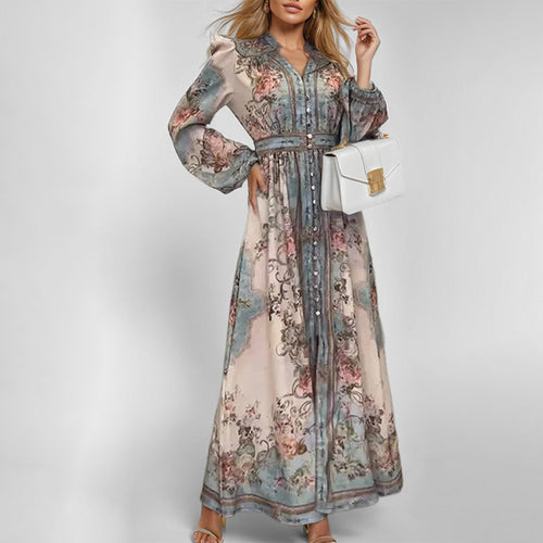 Damen Elegantes Maxikleid mit kunstvollem floralem Design und tailliertem Gürtel Drune