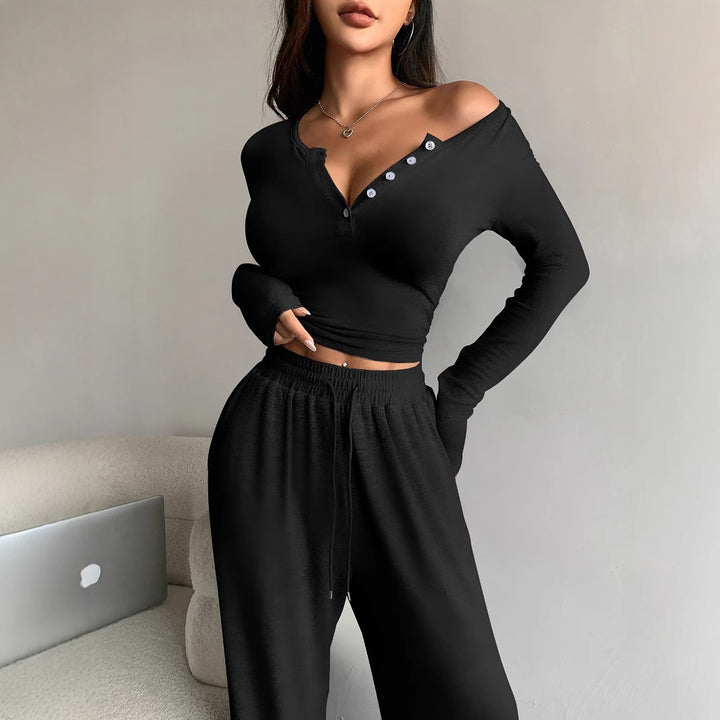Damen Casual Rippstrick Lounge-Set mit Off-Shoulder Henley-Oberteil und weit geschnittenen Jogginghosen Drune