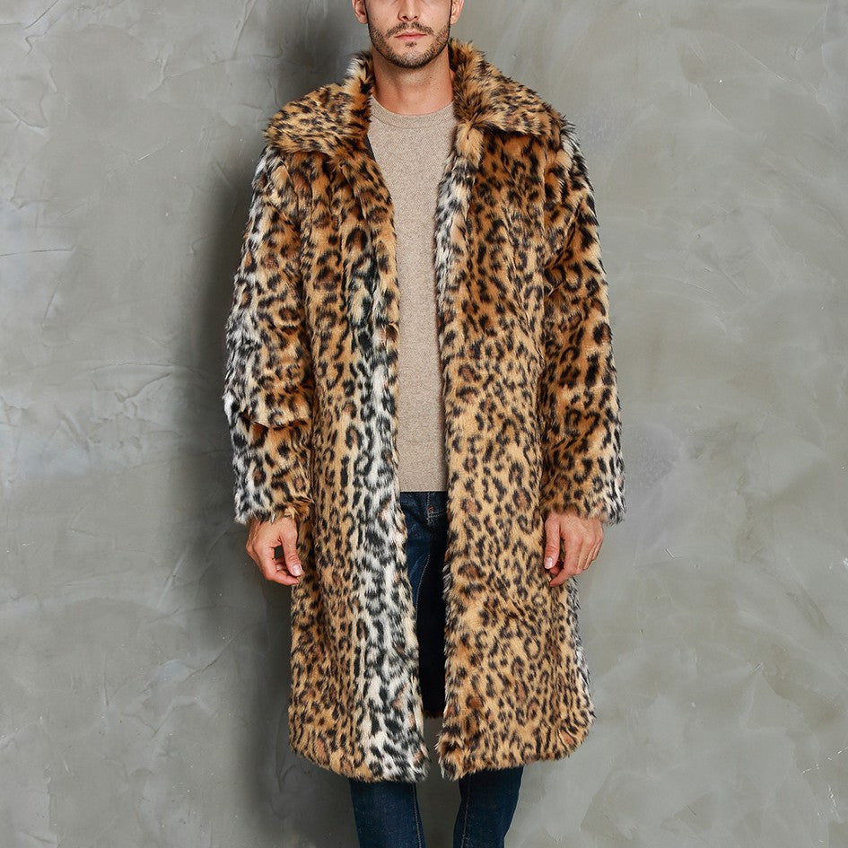 Herren Eleganter Kunstfellmantel mit Leopardenmuster und breitem Kragen Drune