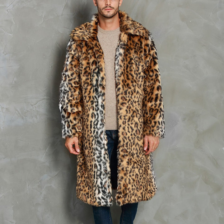 Herren Eleganter Kunstfellmantel mit Leopardenmuster und breitem Kragen Drune