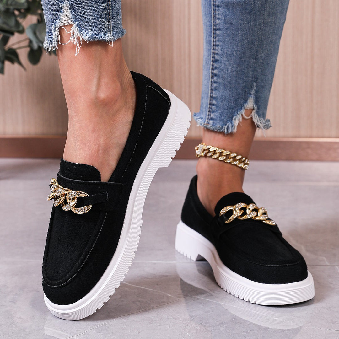 Damen  elegante Slipper mit Plateau-Laufsohle, goldener Schmuckkette und gepolstertem Komfortfußbett Drune