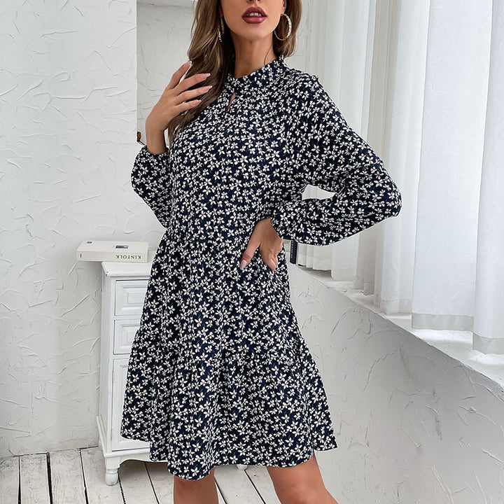 Damen Gestuftes Minikleid mit Stehkragen, Blumenprint und taillierter A‑Linie Drune