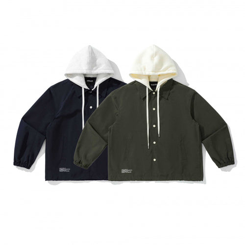 Unisex Zweilagige Overshirt Jacke mit angenähter Fleecekapuze und Druckknopfleiste Drune