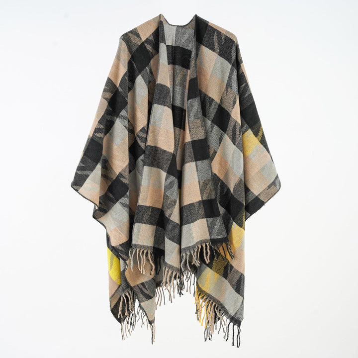 Damen Oversize-Plaidponcho mit Fransen und gewebtem Karomuster Drune