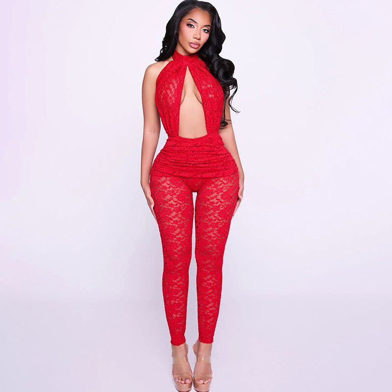 Damen Eleganter Spitzen-Jumpsuit mit tiefem V-Ausschnitt und tailliertem Design Drune