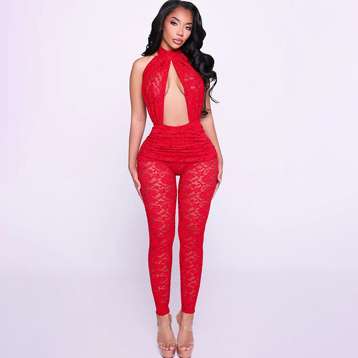 Damen Eleganter Spitzen-Jumpsuit mit tiefem V-Ausschnitt und tailliertem Design Drune