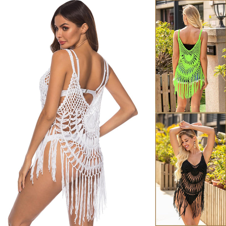 Damen Häkel-Strandüberwurf mit fransigen Details und offener Rückseite Drune