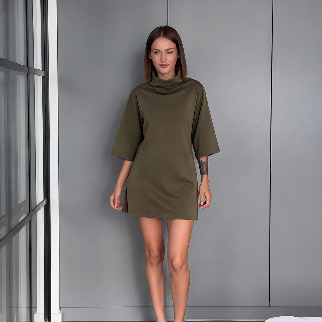 Damen lässiges Feinstrick-Minikleid mit Rollkragen und dreiviertelärmeln Drune