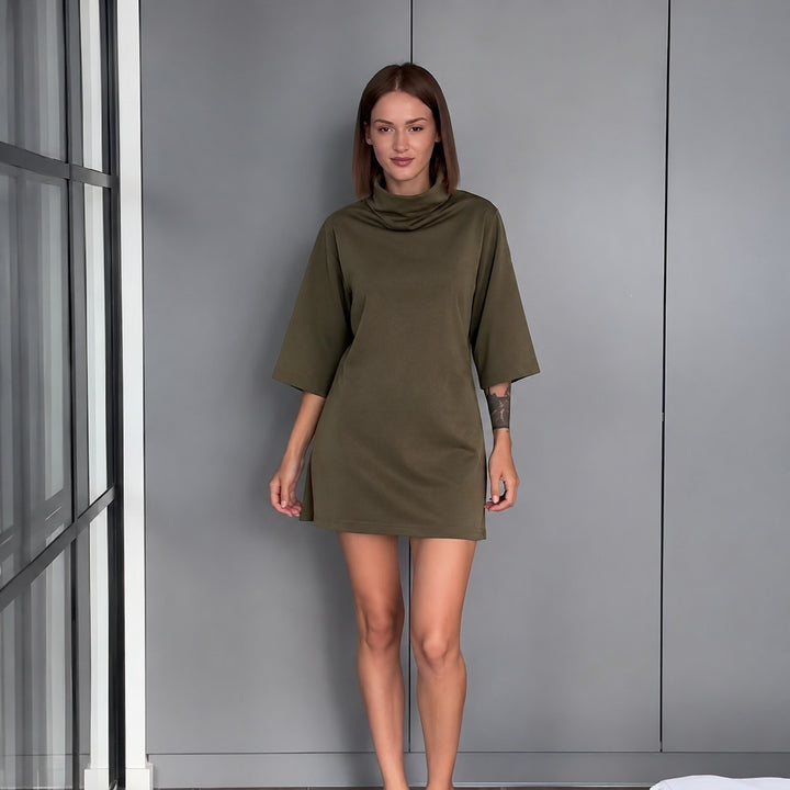 Damen lässiges Feinstrick-Minikleid mit Rollkragen und dreiviertelärmeln Drune