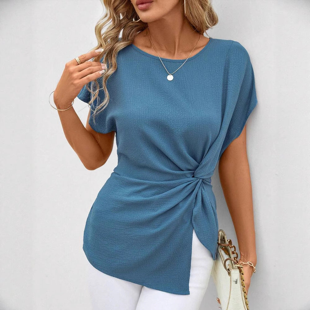 Damen nan tailliertes Kurzarm-Drapéshirt mit seitlicher Knotenschlinge und strukturierter Crêpeoptik Drune
