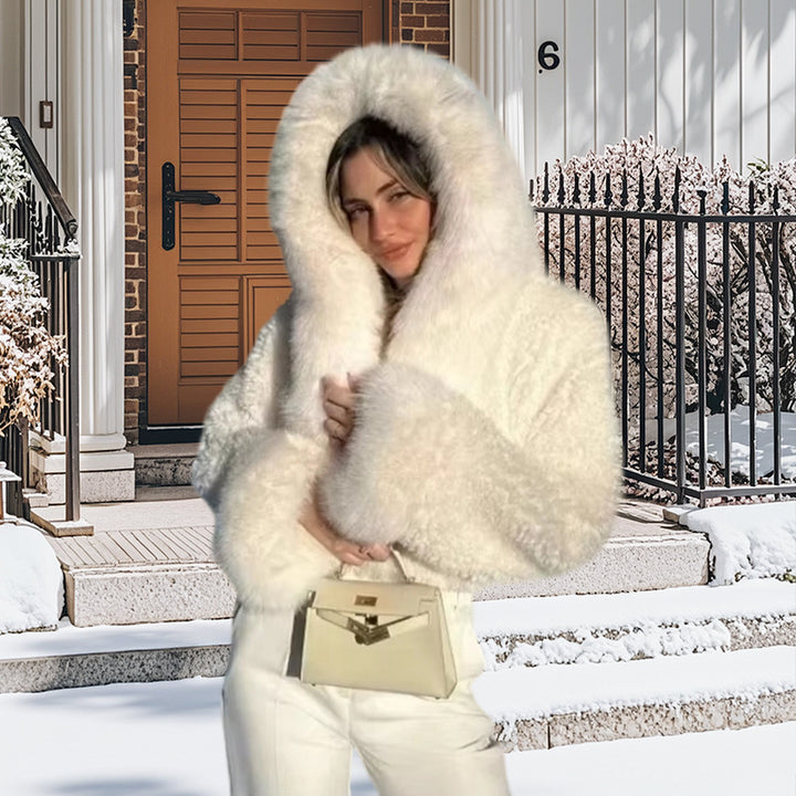 Damen Kunstpelzjacke mit großzügigem Kragen und voluminösen Ärmeln Drune