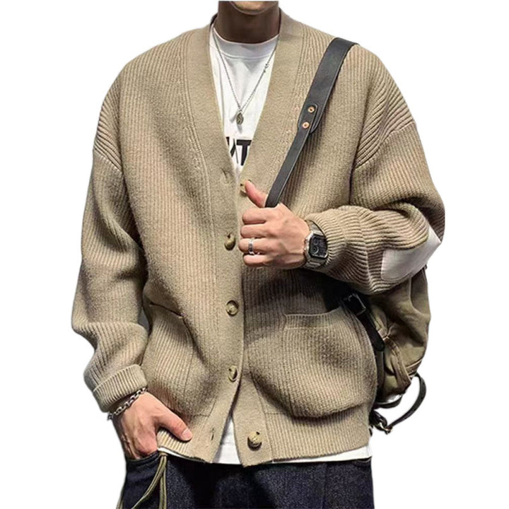 Herren Oversized Strickcardigan mit Ellenbogen-Patches und aufgesetzten Taschen Drune