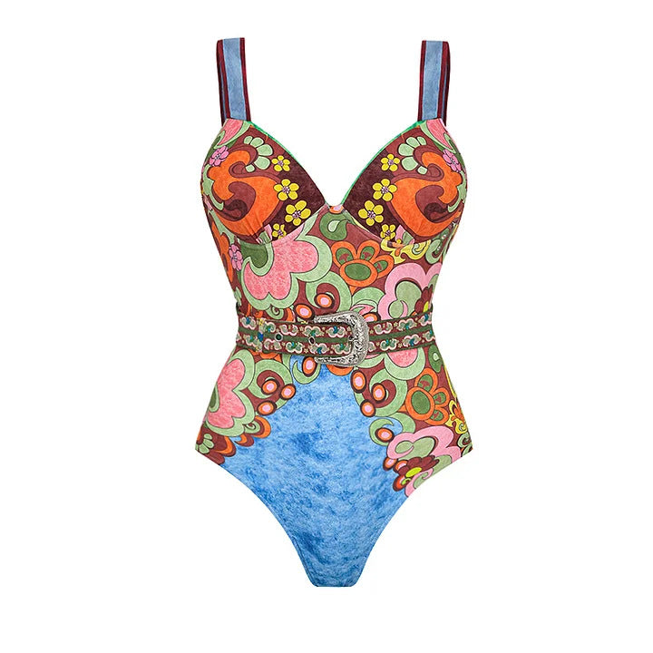 Damen Vintage Badeanzug mit buntem Muster und Schmuckgürtel Drune