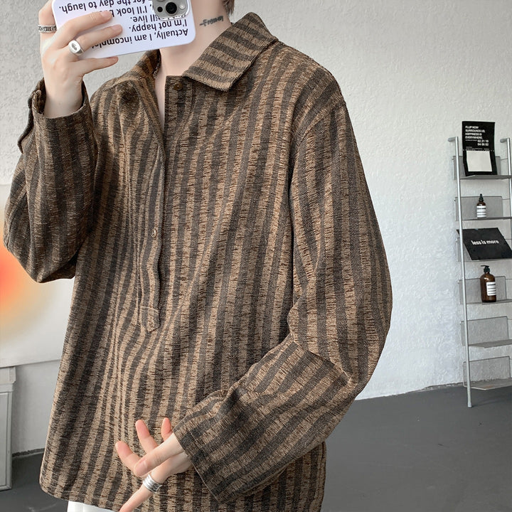 Herren Oversize Langarm-Hemd mit Polokragen, gestreifter Struktur & halber Knopfleiste Drune