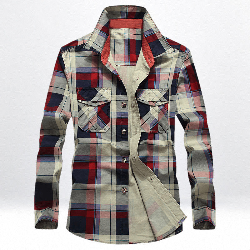 Herren Kariertes Baumwoll-Workshirt mit Brustpattentaschen und kontrastiertem Innenkragen Drune
