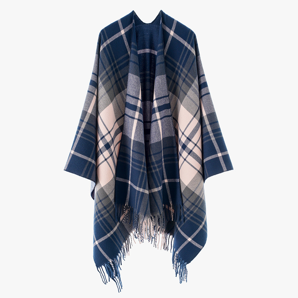 Damen Reiner Wolloptik-Überwurf im Tartan-Karo mit offener Front und Fransensaum Drune
