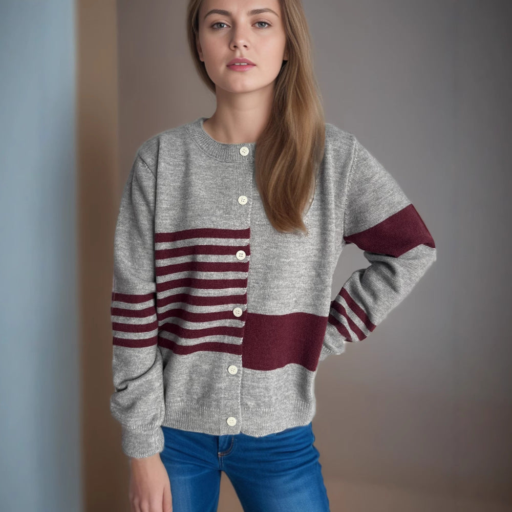 Damen lässige Strickjacke mit kontrastierenden Streifen und eleganten Knopfdetails Drune