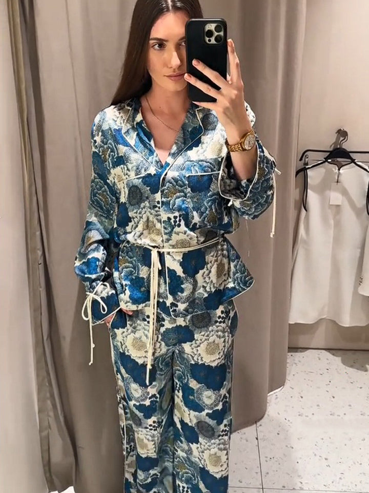 Damen Zweiteiliges florales Jacquard-Loungewear-Set mit Taillengürtel, Paspelierung und Bindärmeln Drune