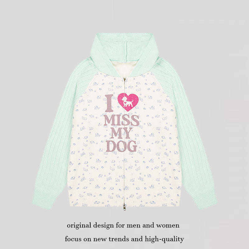 Damen Kapuzen‑Strickjacke mit durchgehendem Reißverschluss, gerippten Ärmeln und Hunde‑Statement‑Print Drune